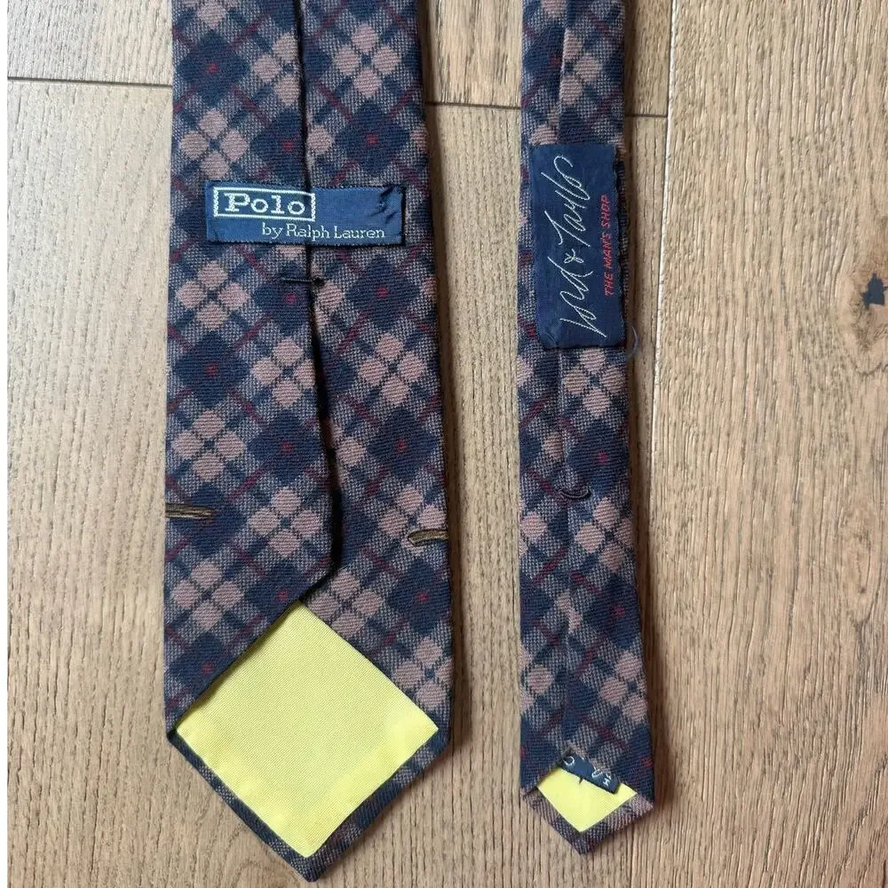 Vintage Polo Ralph Lauren Hand Made Diamond Geometric Brown Navy Necktie